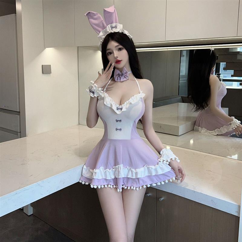 夜场性感辣妹cos女仆女佣制服纯欲风荷叶边拼色收腰挂脖连衣裙女