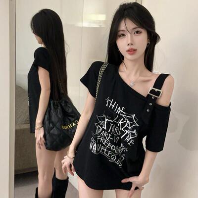 韩版辣妹字母涂鸦印花吊带斜肩短袖T恤女春夏季新款甜酷宽松上衣