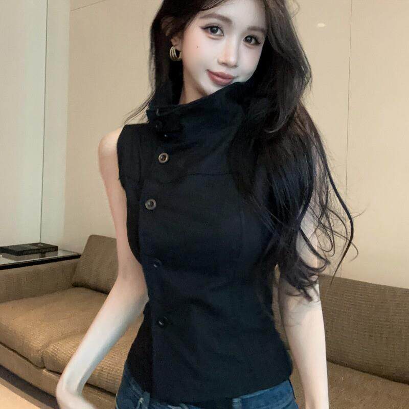 辣妹复古立领原宿风纽扣马甲背心女夏季收腰正肩显瘦气质无袖上衣