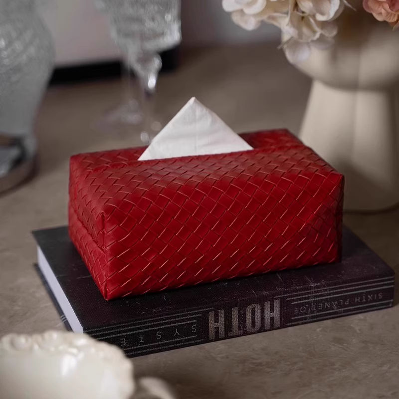 【可定制】红色轻奢高级感编织纹皮质纸巾盒结婚喜庆客厅抽纸盒