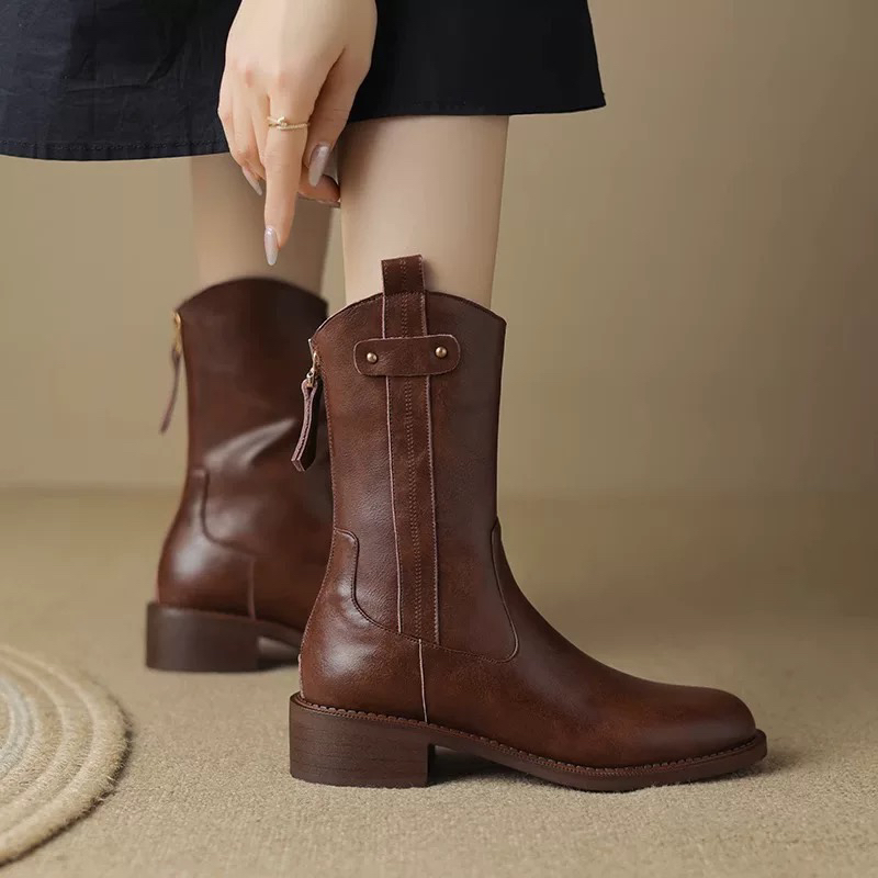 断码特价，4厘米牛皮简约骑士靴女鞋中筒靴女9596