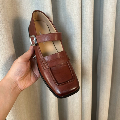 高定头层水洗马皮，4厘米粗跟文艺复古简约玛丽珍单鞋女鞋6599