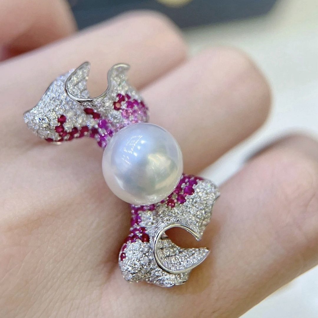 粉色浪花爱迪生珍珠银戒指