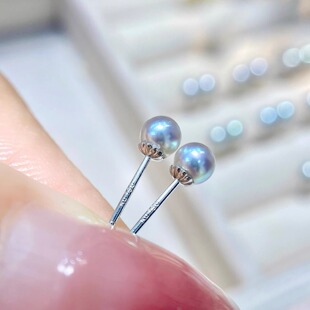 真多麻银蓝色耳钉3-4mm天然海水akoya珍珠18K金镶嵌气质高级感女