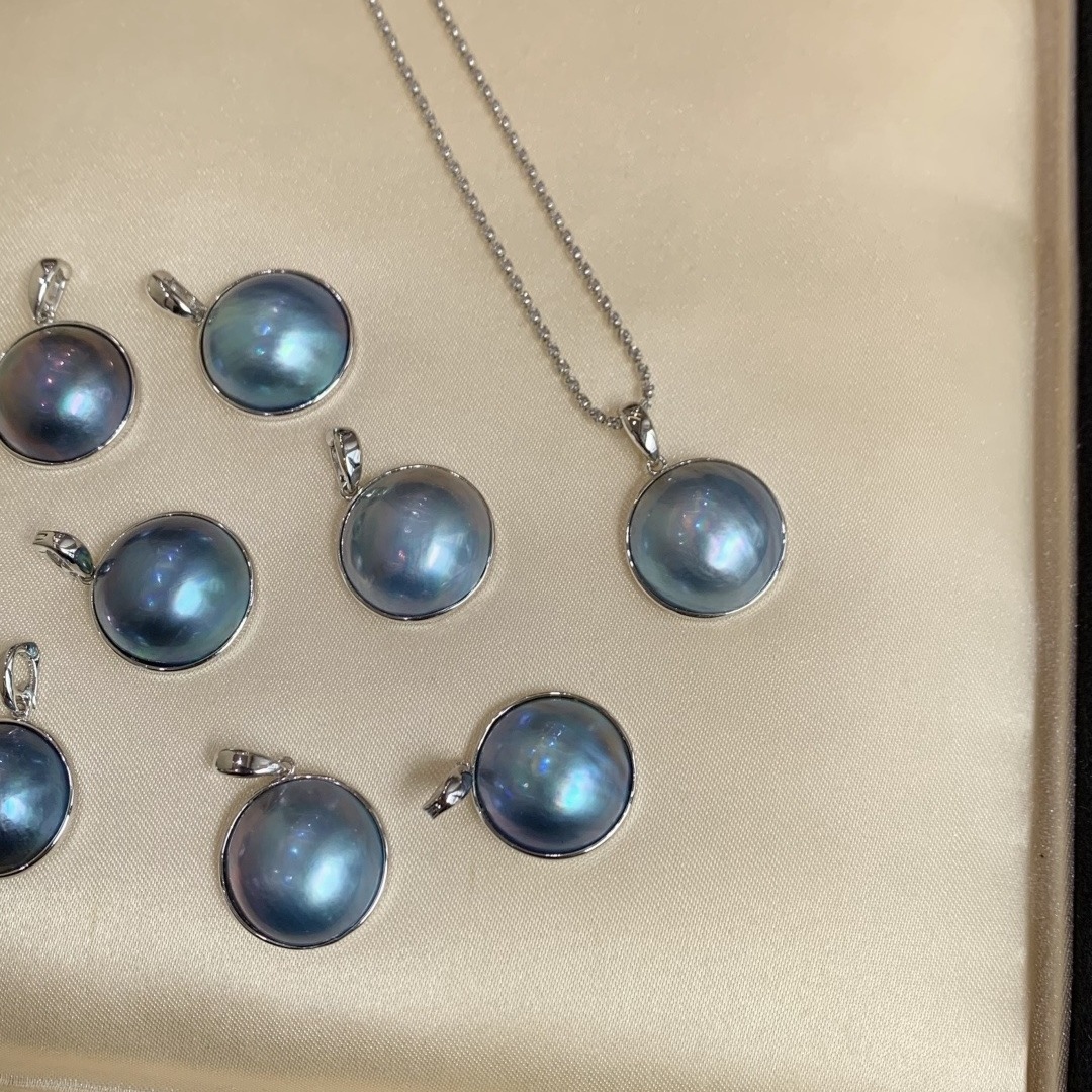 星空蓝海水马贝珠纯银吊坠