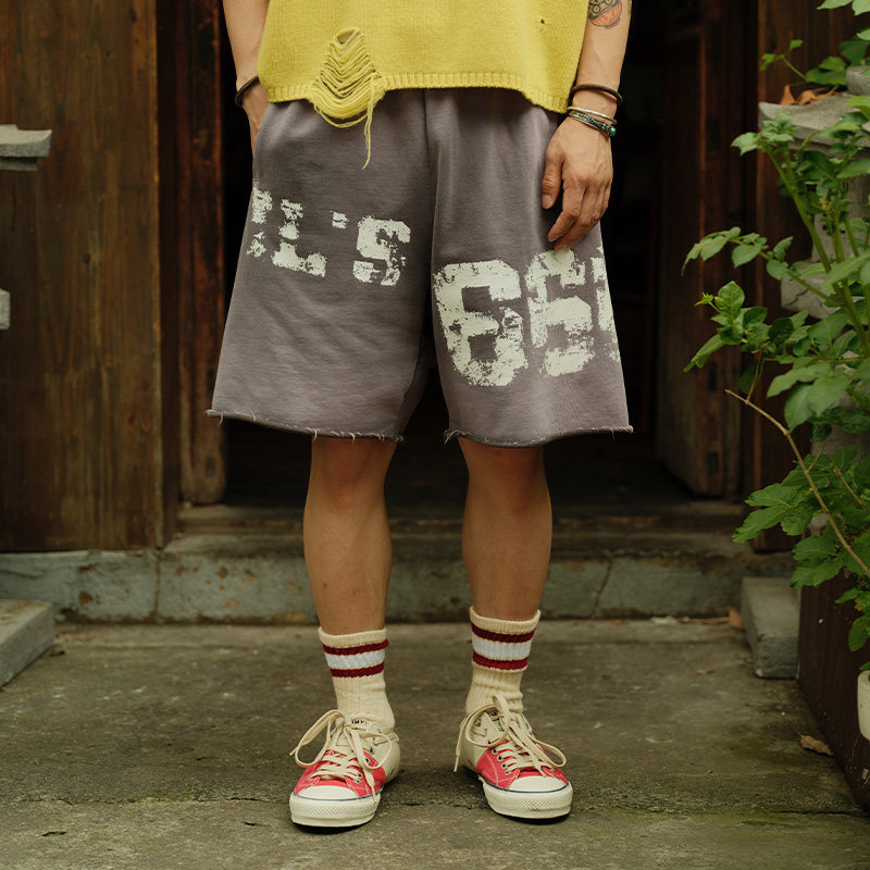 Liberty line【口口桑自制】宗教元素水洗做旧印花宽松五分短裤