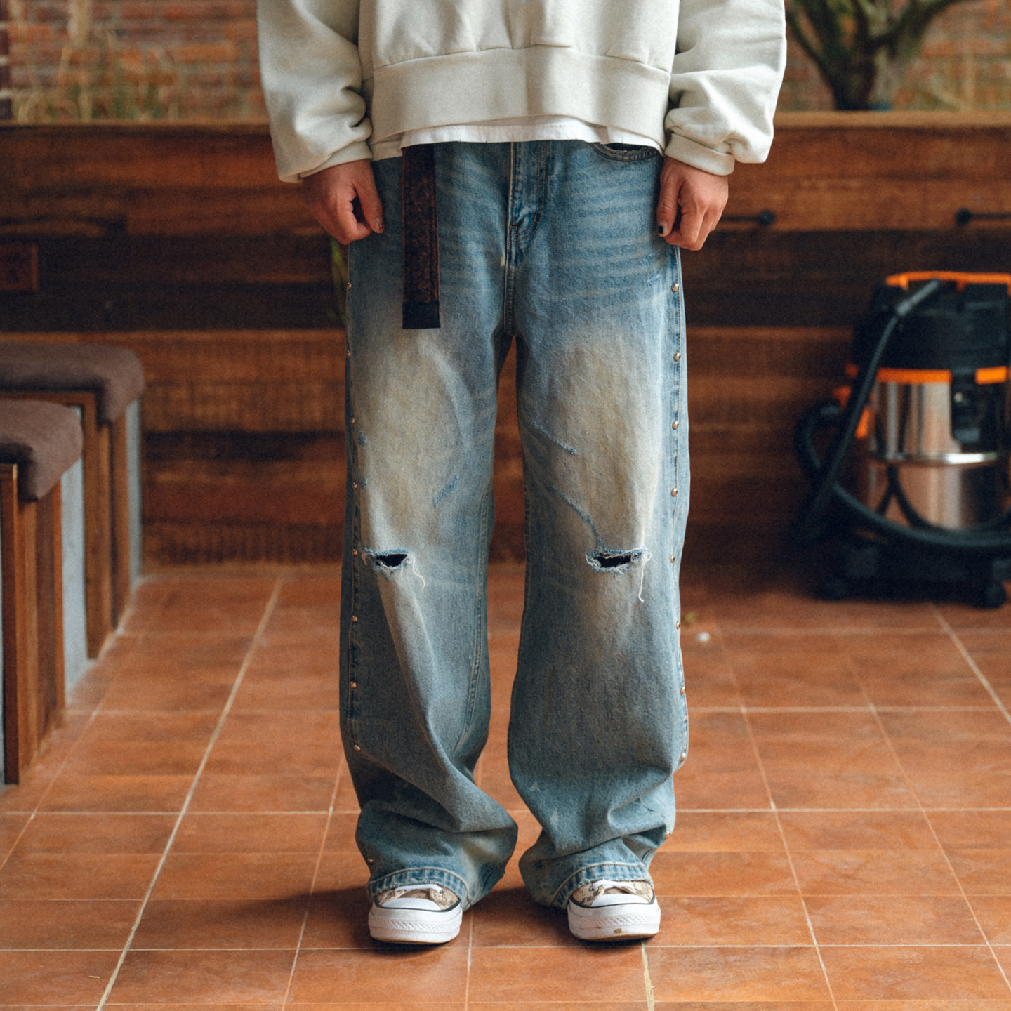 Liberty line25fw街头水洗铆钉复古宽松直筒阔腿牛仔裤new school