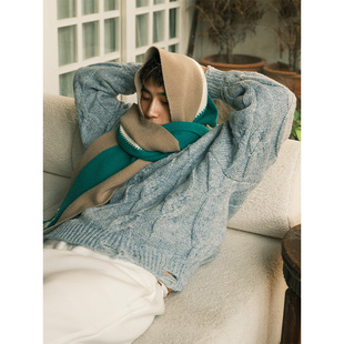 Liberty line24aw混搭羊毛混纺粗针麻花织法短宽轻破坏圆领毛衣