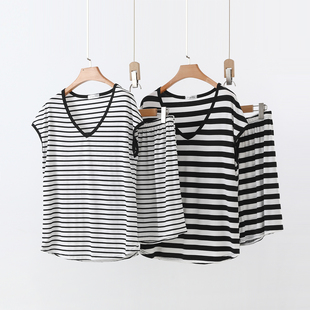 莫代尔黑白条纹V领无袖T恤短裤套装两件套女士夏季内搭背心打底衫
