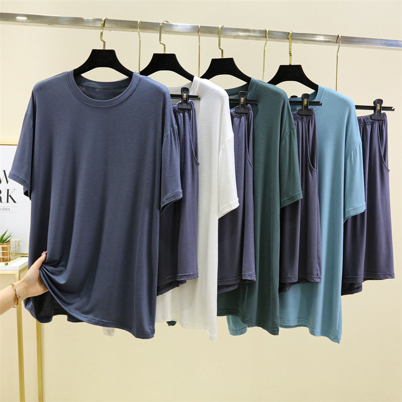 凉爽短袖睡衣男夏季莫代尔纯色圆领上衣休闲短裤两件套家居服套装