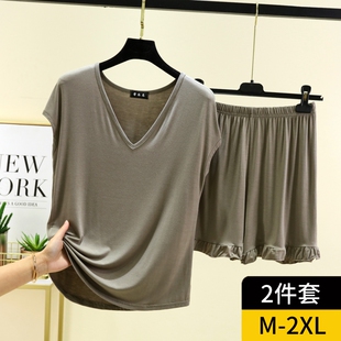 套装 莫代尔V领无袖 家居服可外穿背心短裤 薄款 睡衣两件套 T恤女夏季