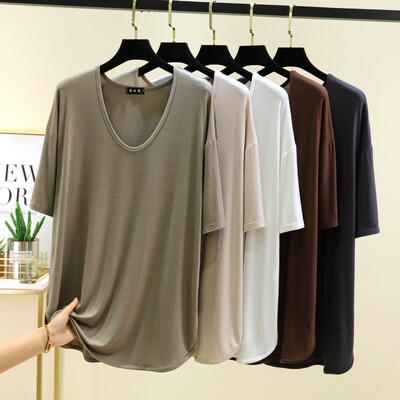 夏季外穿宽松短袖T恤女士莫代尔薄款大码半袖上衣简约休闲打底衫