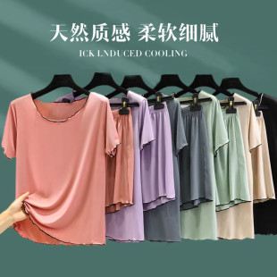 薄款 短裤 凉爽冰丝睡衣套装 居家百搭纯色简约短袖 两件套 女夏季 夏季