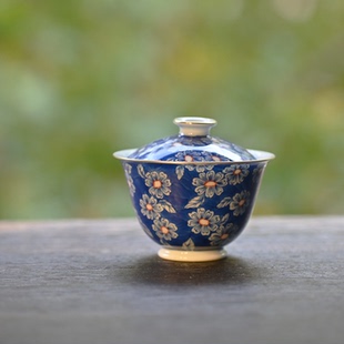 卿山茶器 青花手绘小雏菊盖碗 描金边纯手工功夫茶具泡茶碗120ml
