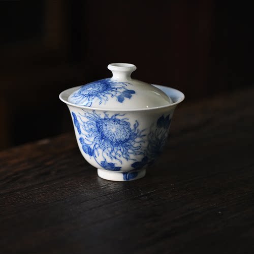 青花手绘皇菊花盖碗纯手工茶具