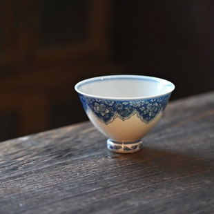 卿山茶器景德镇青花复古手绘万花斗笠主人杯手工功夫茶具花卉茶杯