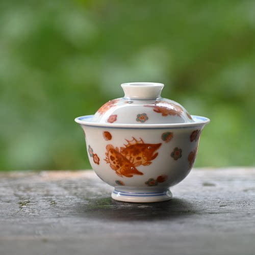 景德镇红绿彩桃花鳜鱼盖碗纯手工