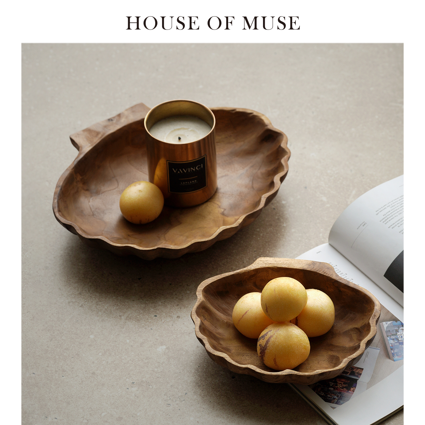 缪斯家 复古实木贝壳果盘柚木艺术感客厅茶几玄关钥匙收纳托盘