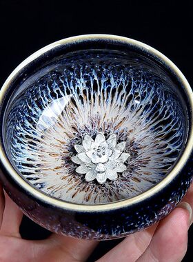 天目鉴展银质茶杯、高端大师杯、个人手工陶瓷窑炉功夫茶杯、品茶