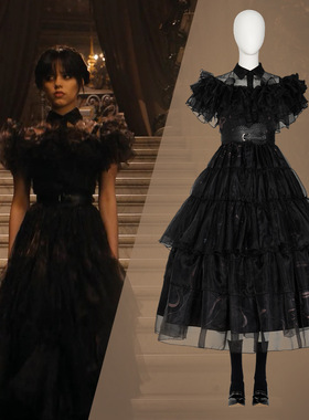 漫路云霄星期同款cos舞会wednesday万圣节黑色连衣裙现货