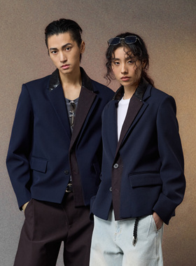 芸蚁〔和平饭店〕重磅高密精纺异料撞色皮革拼接垫肩西装