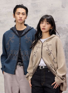 芸蚁〔兰花草〕羊毛绒混纺连帽民族感刺绣纽扣费尔岛针织开衫毛衣