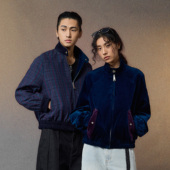 芸蚁〔跳舞街〕双面穿纯棉丝绒哈灵顿撞色拼接蓝格纹结构夹克外套