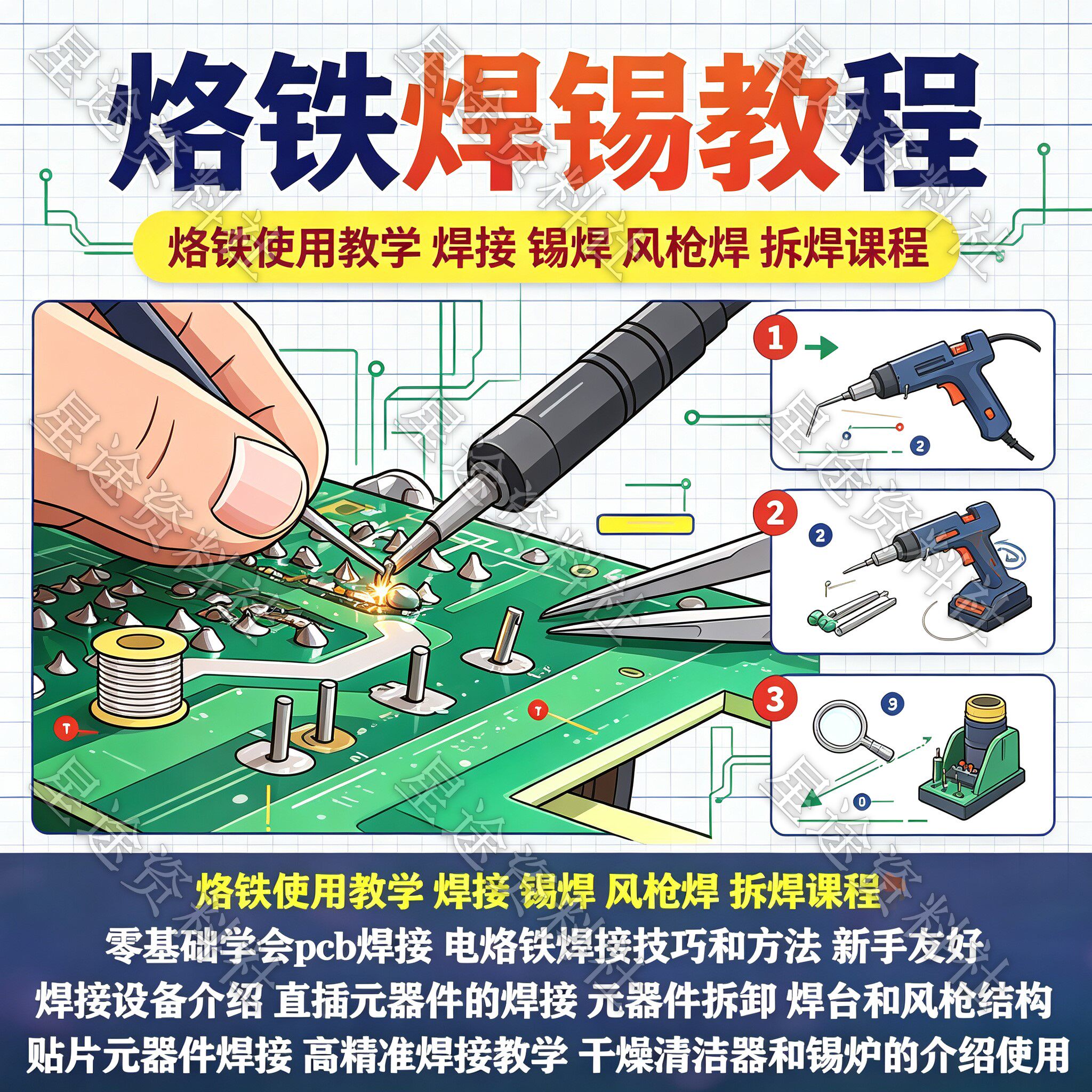 电烙铁焊锡视频教程电子元器件焊接pcb技巧拆焊风枪焊方法教学课
