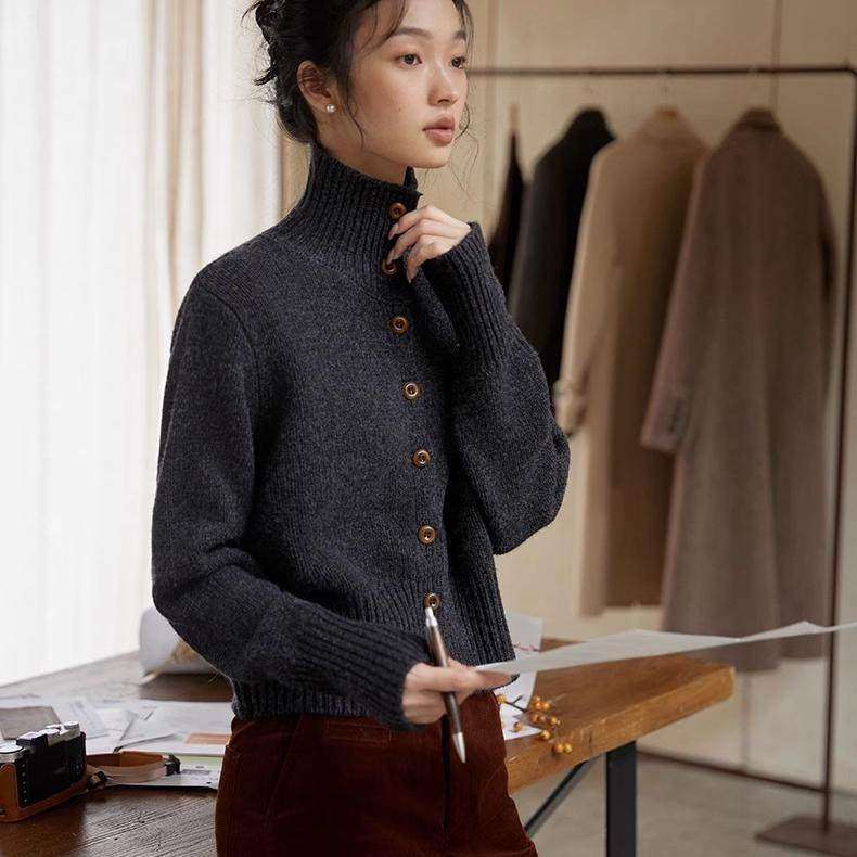 法式短款全羊毛针织开衫女春秋新款立领内搭毛衣高领灰色休闲外套,个性定制/设计服务/DIY,棉服工装,淘宝优惠券,粉丝福利购,淘宝优惠卷