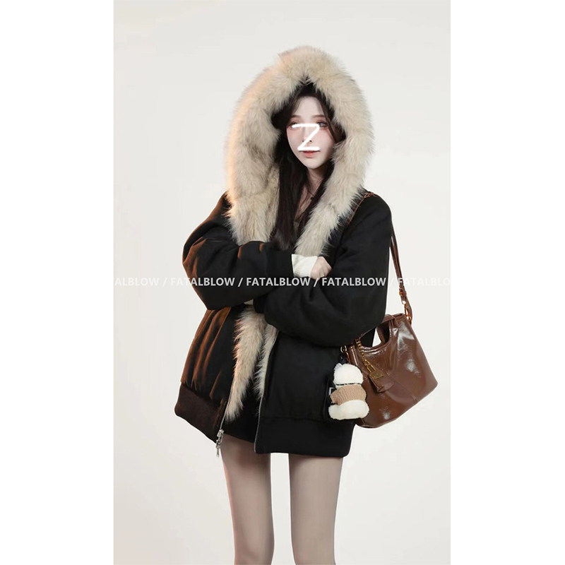 黑色两面穿毛领连帽外套女款秋冬季加绒加厚慵懒宽松拉炼棉服上衣,个性定制/设计服务/DIY,棉服工装,淘宝优惠券,粉丝福利购,淘宝优惠卷