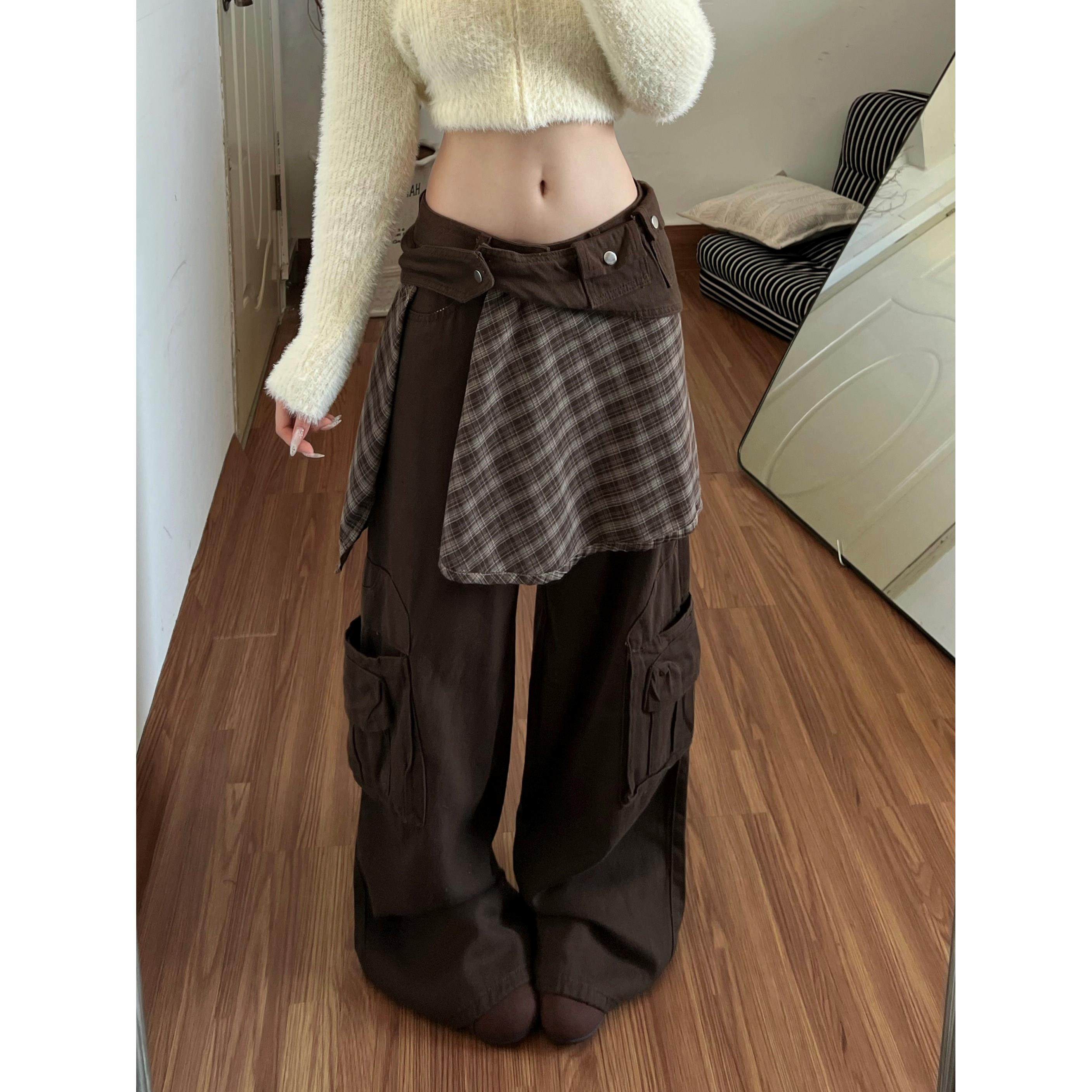 美拉德屁帘工装牛仔裤裤子女款2026春季新款宽松咖色阔腿裤直筒裤,个性定制/设计服务/DIY,棉服工装,淘宝优惠券,粉丝福利购,淘宝优惠卷