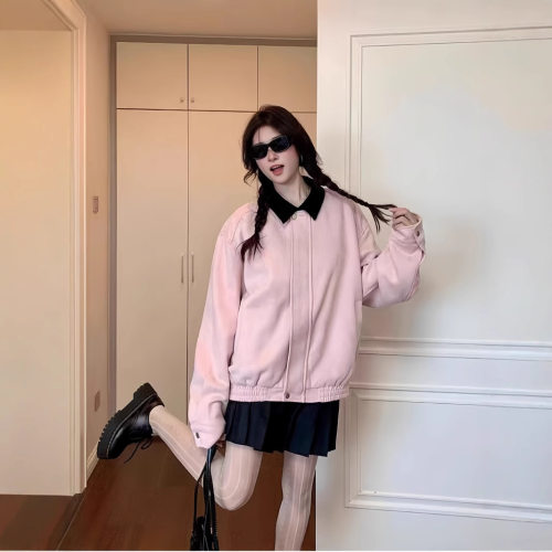 法国chrry koop美式复古棒球服休闲夹克上衣女早秋季新款粉色