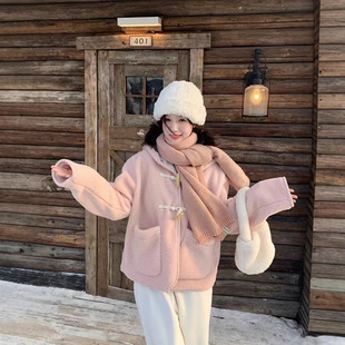 法国chrry koop粉色牛角扣羊羔毛短款外套女冬季奶系穿搭小个子