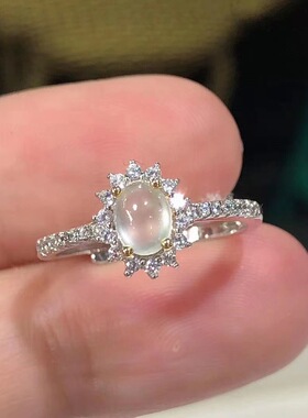 法国gentle motto仿白冰玉髓戒面戒指女款镀925镶嵌冰种蛋面指环