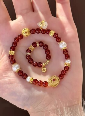 法国gentle motto新中式淡水珍珠红玛瑙手链女铃兰花本命年红色
