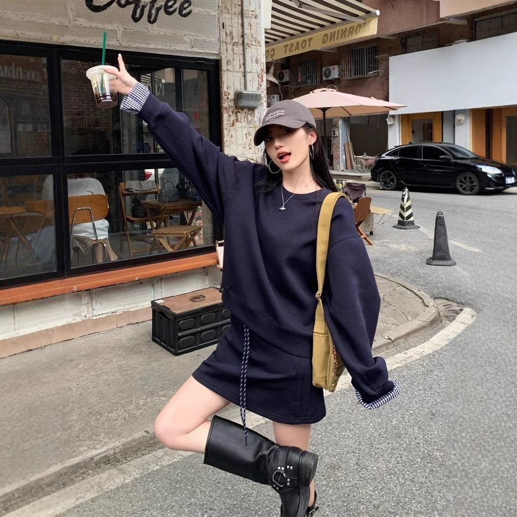 法国chrry koop休闲套装设计感格子拼接长袖卫衣女早秋高腰包臀