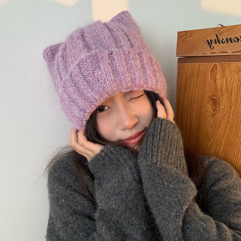猫耳朵帽针织毛线保暖秋冬季可爱学院风个性小耳朵帽子女