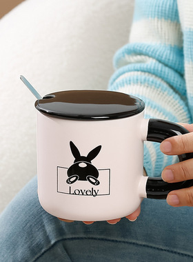 萌趣高颜值兔子马克杯陶瓷杯含盖子勺子早餐杯水杯咖啡杯大耳杯