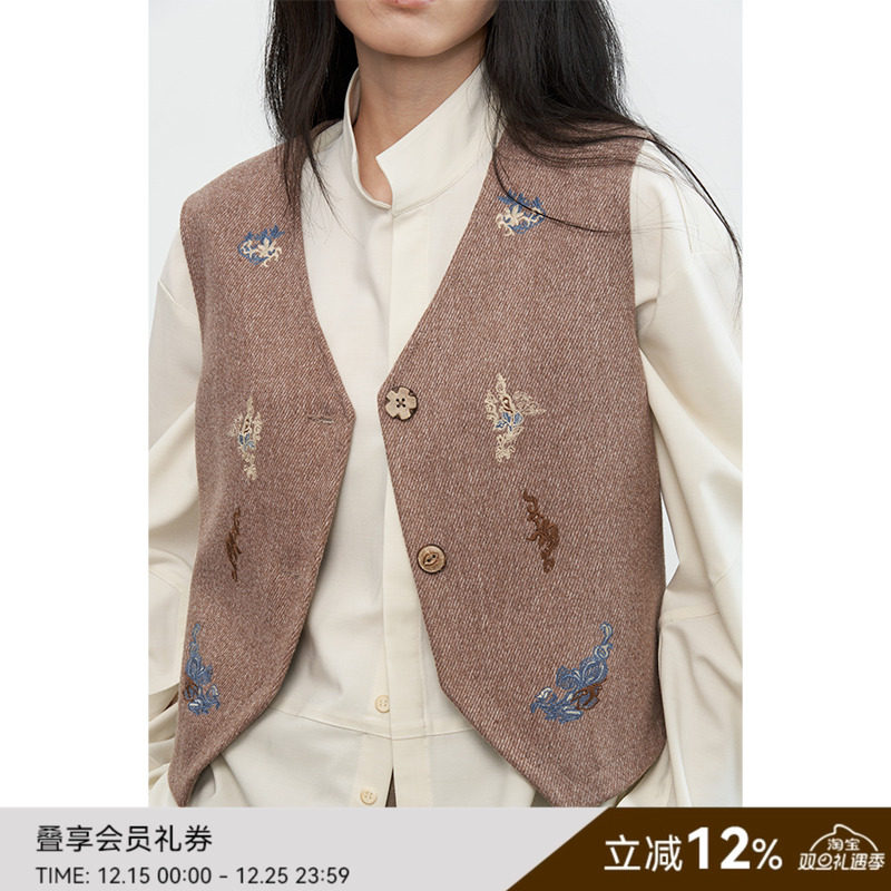 SAMEFLOW 原创肉桂色小众刺绣马甲女秋冬叠穿内搭坎肩外套
