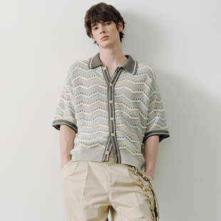 SAME FLOW 小众撞色针织立体波浪纹镂空网眼点缀百搭透气开衫男女