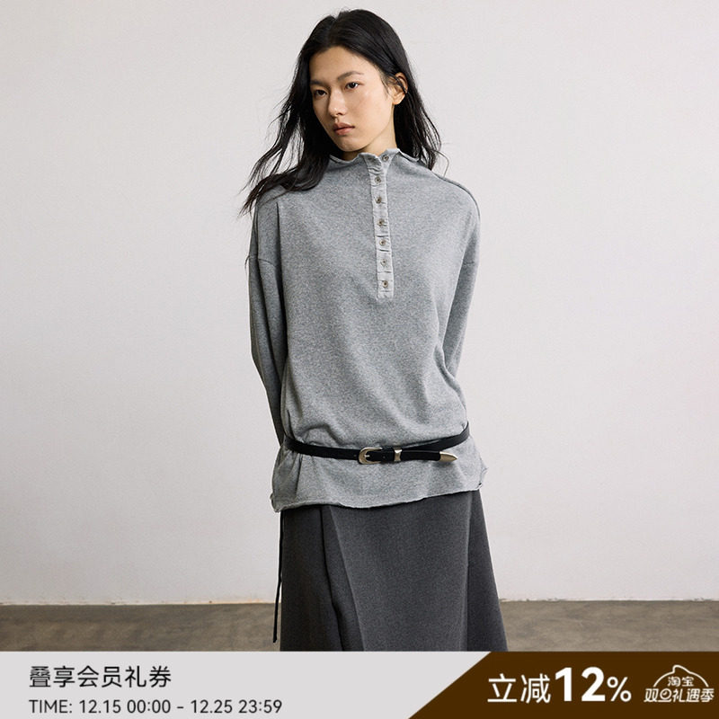 SAMEFLOW 立领与纽扣元素呼应柔软亲肤褶皱半高领针织内搭上衣女