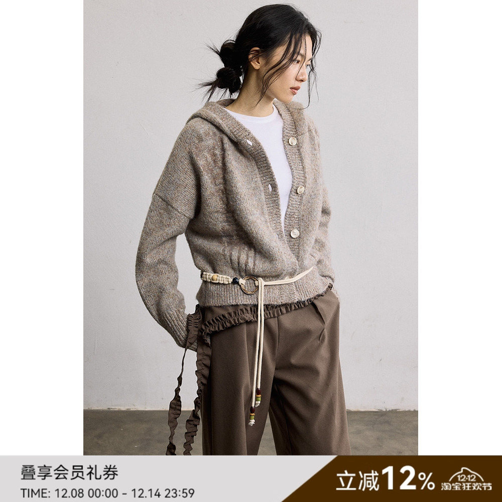 SAMEFLOW 糯绒毛衣外套女秋冬短款宽松灰色休闲连帽针织开衫上衣