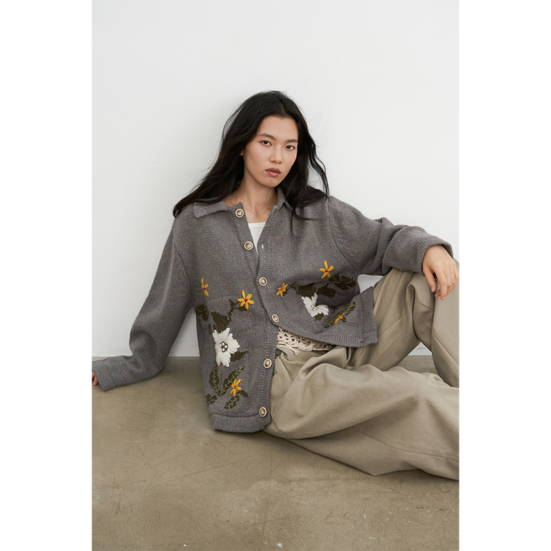 SAMEFLOW 淡人高知老钱风穿搭女手工嵌花毛衣慵懒松弛感秋冬外套