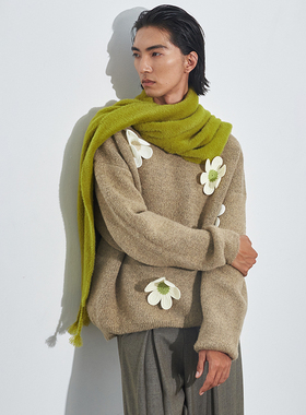 SAME FLOW 立体花朵点缀暖色系直筒宽松柔软羊毛混纺花朵针织衫