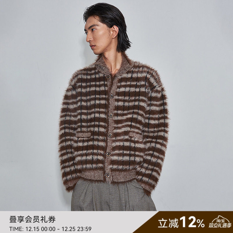 SAME FLOW 秋季开衫新款美拉德双色撞色设计经典条纹仿貂毛外套