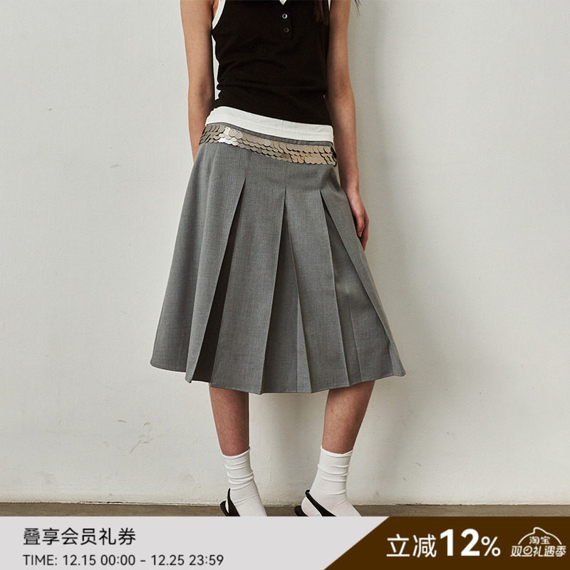 SAME FLOW 【吴优推荐】时尚重工灰色亮片高腰显瘦百褶半身裙