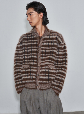 SAME FLOW 秋季开衫新款美拉德双色撞色设计经典条纹仿貂毛外套