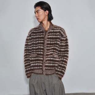 FLOW 美拉德双色撞色设计经典 秋季 新款 条纹仿貂毛外套 开衫 SAME