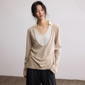 SAMEFLOW 假两件V领与翻领组合收腰捏褶松弛感内搭拼接显瘦打底衫