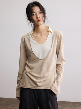 SAMEFLOW 假两件V领与翻领组合收腰捏褶松弛感内搭拼接显瘦打底衫